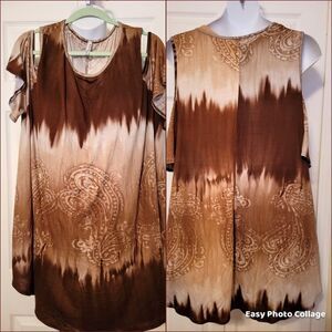 #225 American Curvy Brown Tye Dyed Cold shoulder tunic top.Sze. 5X